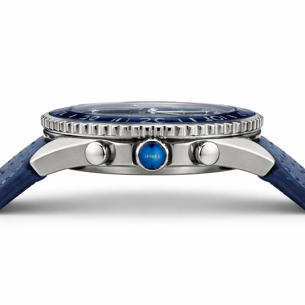 Fossil Chronograph Sport Watch Silver Case Blue Dial Blue Leather Strap