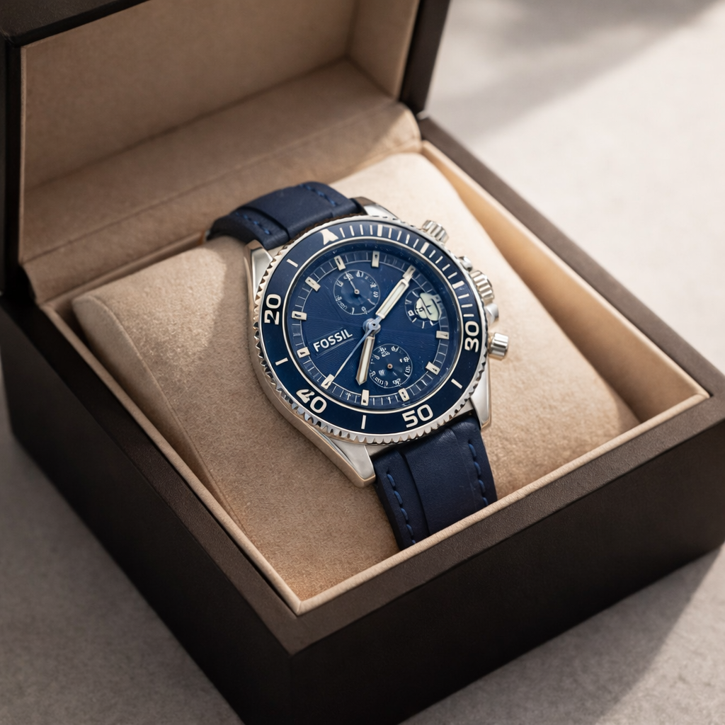 Fossil Chronograph Sport Watch Silver Case Blue Dial Blue Leather Strap