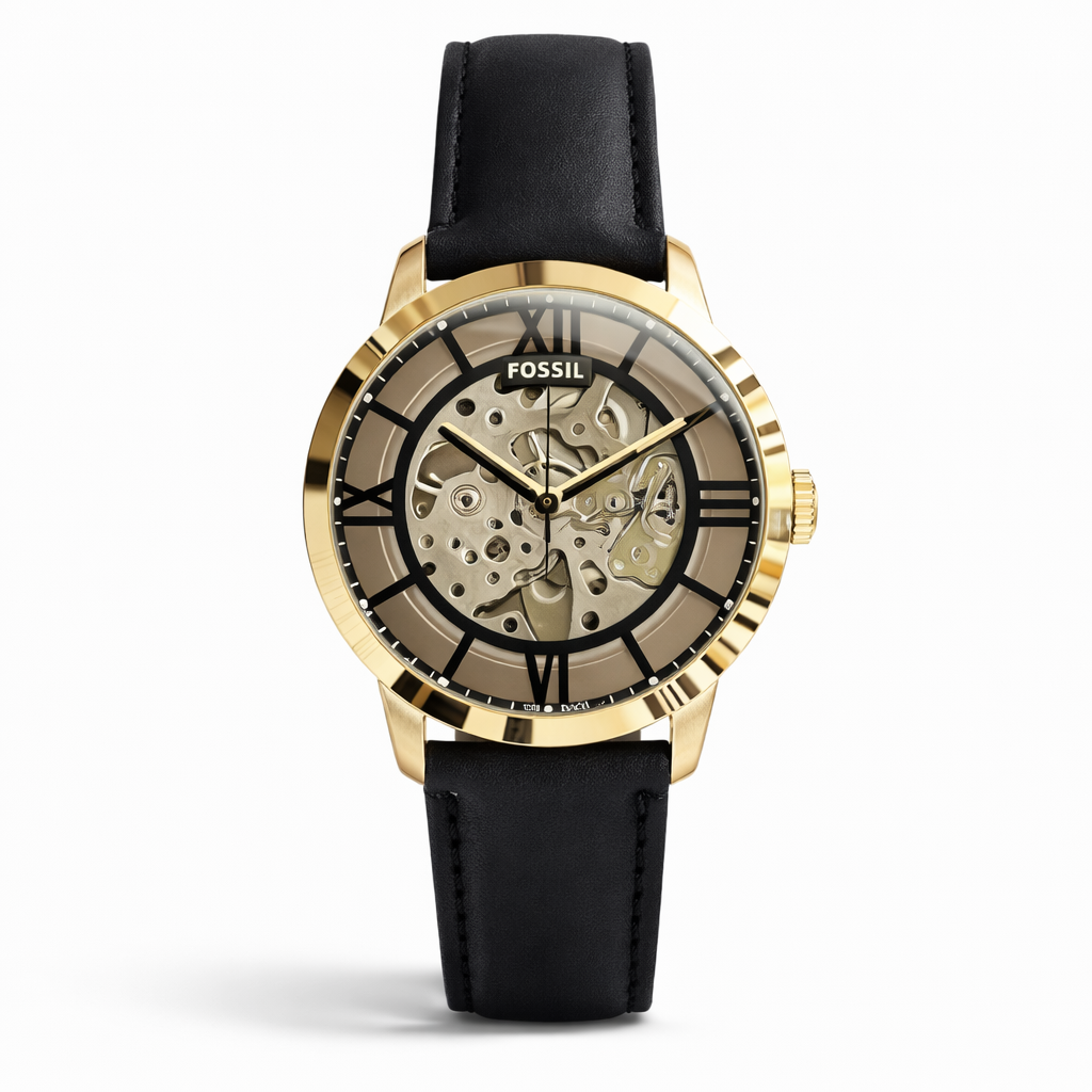 Fossil Skeleton Automatic Gold Case Black Leather Strap