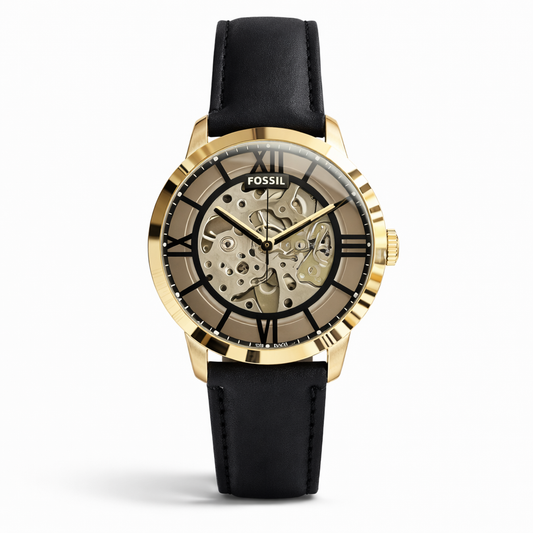 Fossil Skeleton Automatic Gold Case Black Leather Strap