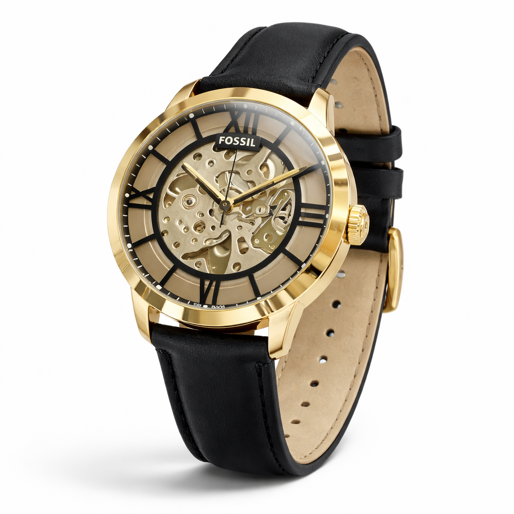 Fossil Skeleton Automatic Gold Case Black Leather Strap