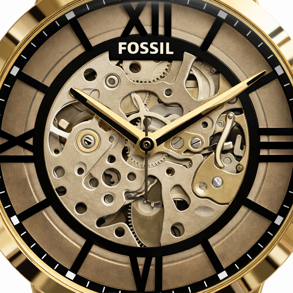 Fossil Skeleton Automatic Gold Case Black Leather Strap