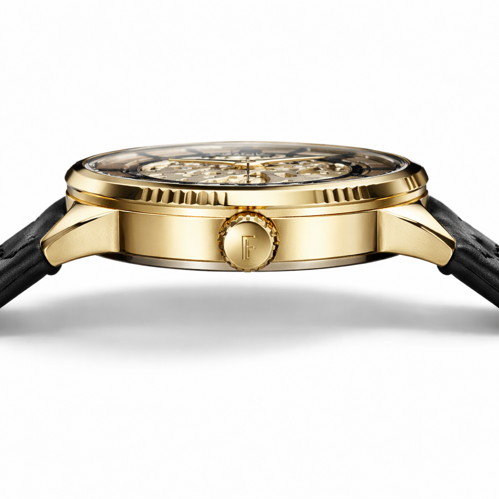 Fossil Skeleton Automatic Gold Case Black Leather Strap