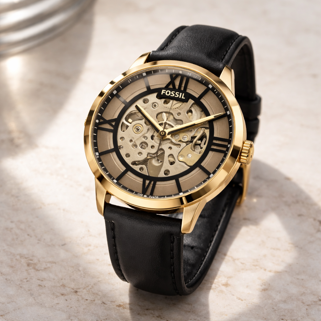 Fossil Skeleton Automatic Gold Case Black Leather Strap