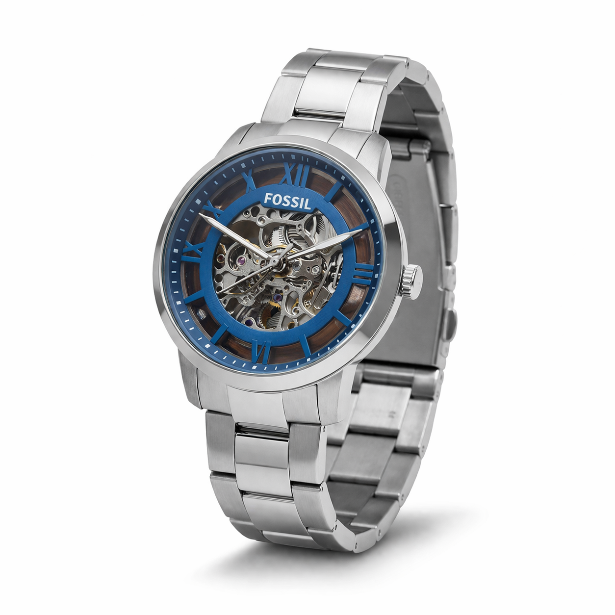 Fossil Skeleton Blue Dial Silver Stainless Steel Bracelet Watch