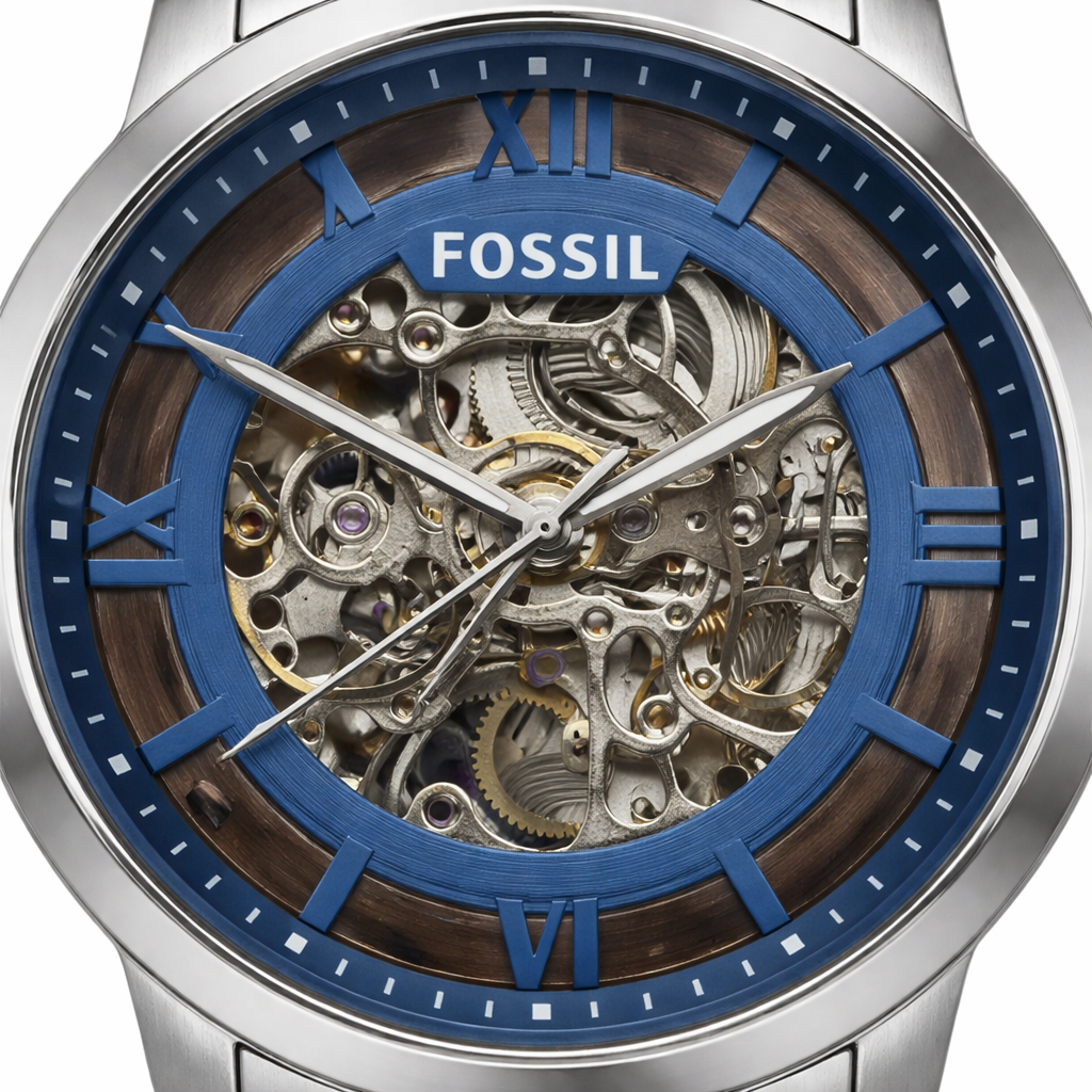 Fossil Skeleton Blue Dial Silver Stainless Steel Bracelet Watch