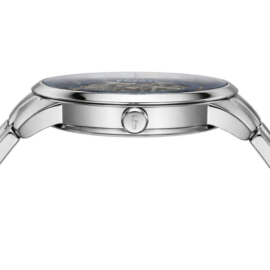 Fossil Skeleton Blue Dial Silver Stainless Steel Bracelet Watch