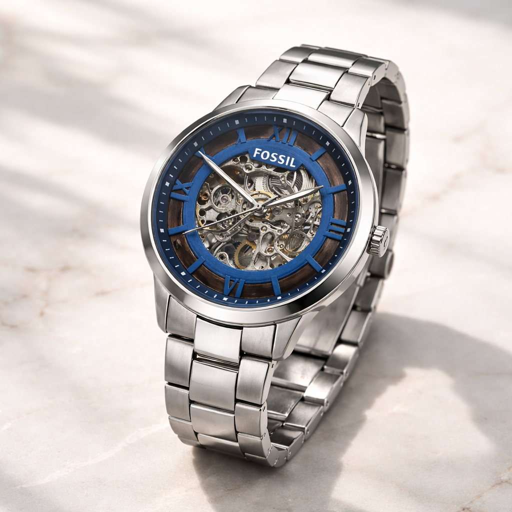 Fossil Skeleton Blue Dial Silver Stainless Steel Bracelet Watch