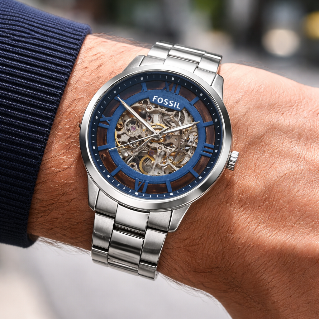 Fossil Skeleton Blue Dial Silver Stainless Steel Bracelet Watch