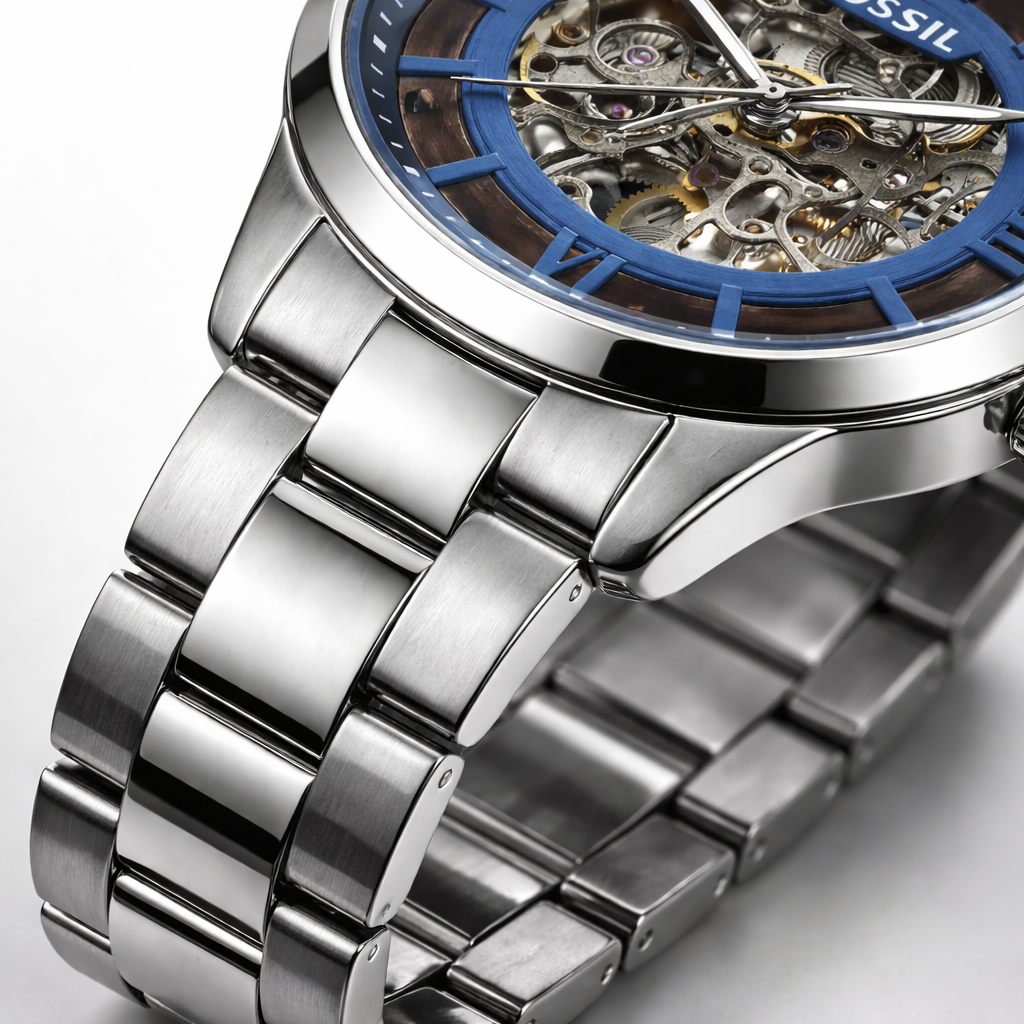 Fossil Skeleton Blue Dial Silver Stainless Steel Bracelet Watch