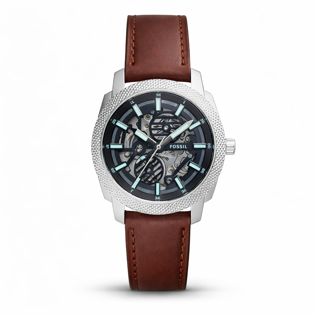 Fossil Automatic Skeleton Black Dial Silver Case Brown Leather Strap