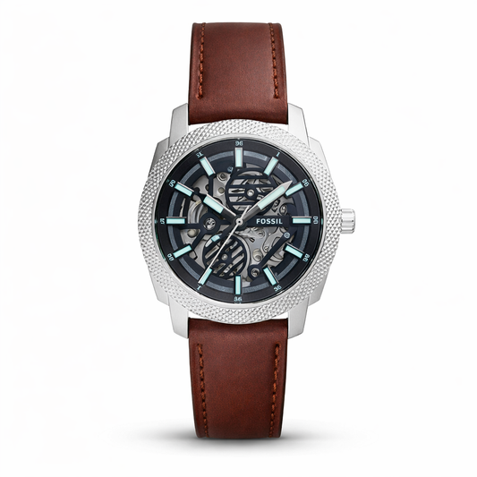 Fossil Automatic Skeleton Black Dial Silver Case Brown Leather Strap