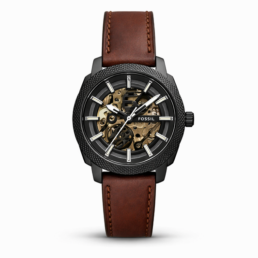 Fossil Automatic Skeleton Black Case Brown Leather Strap