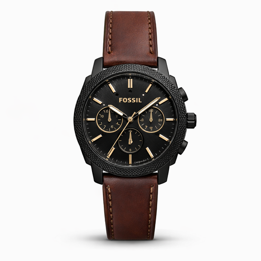 Fossil Chronograph Black Dial Black Case Brown Leather Strap