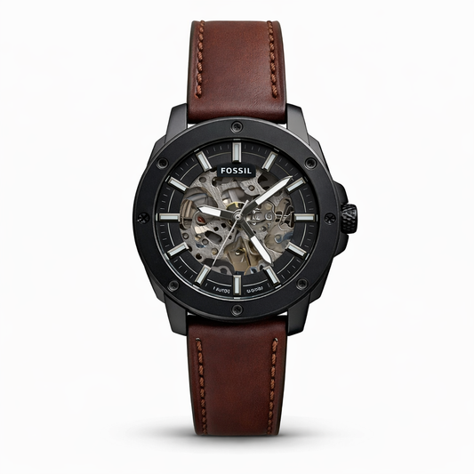 Fossil Automatic Skeleton Black Case Brown Leather Strap