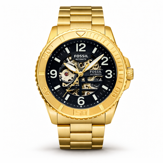 Fossil Automatic Skeleton Black Dial Gold Stainless Steel Bracelet
