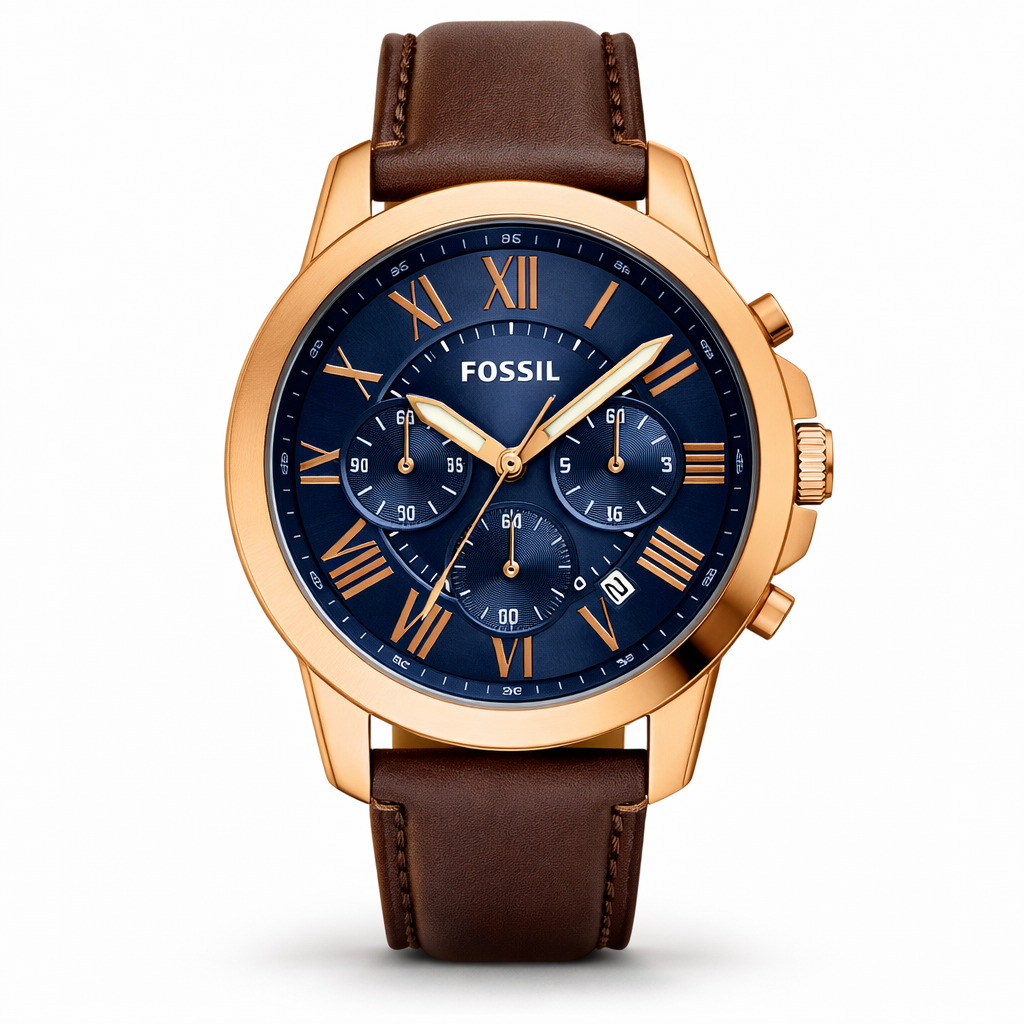 Fossil Chronograph Blue Dial Rose Gold Case Brown Leather Strap