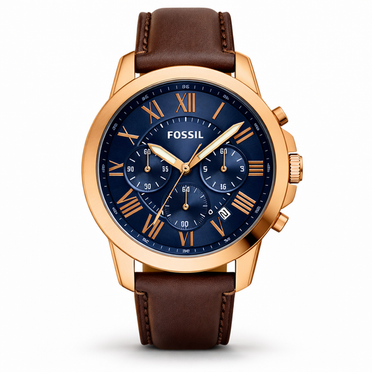 Fossil Chronograph Blue Dial Rose Gold Case Brown Leather Strap