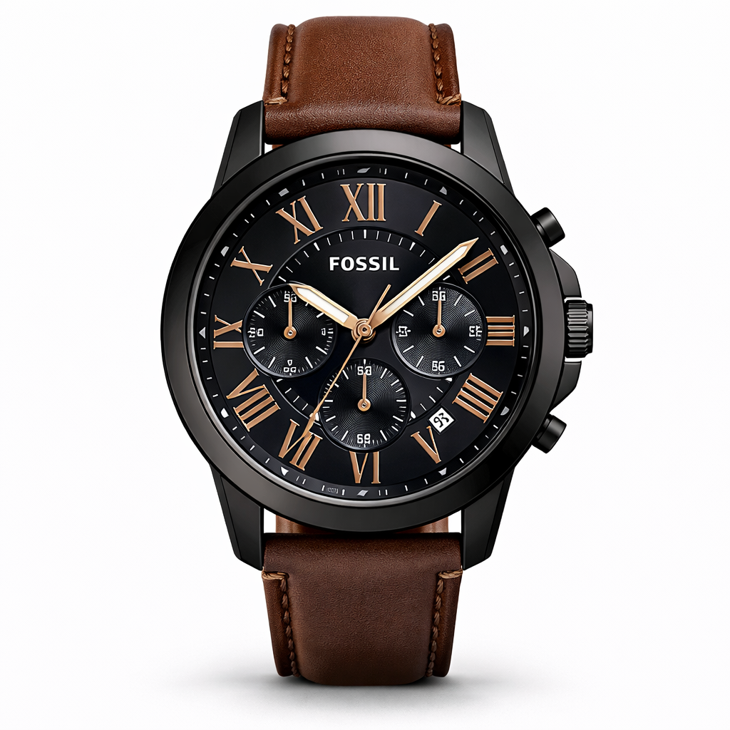 Fossil Chronograph Black Dial Black Case Brown Leather Strap