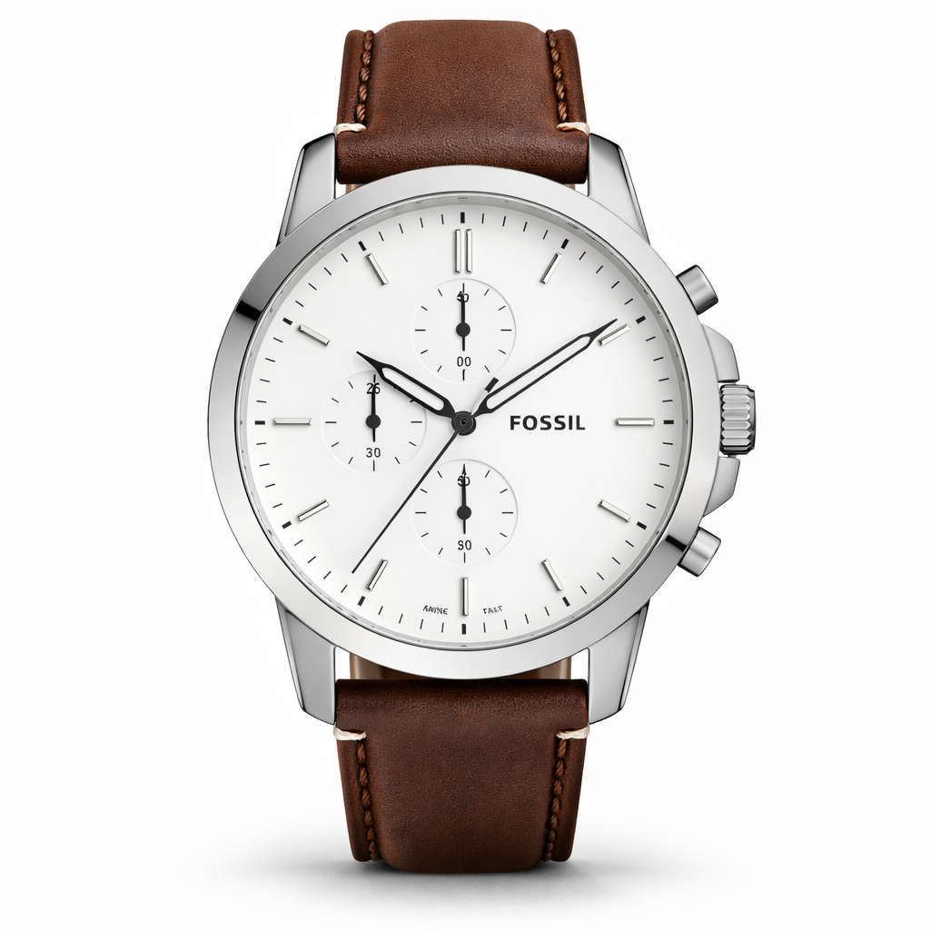 Fossil Chronograph White Dial Silver Case Brown Leather Strap