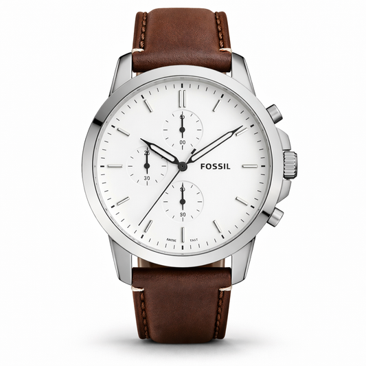 Fossil Chronograph White Dial Silver Case Brown Leather Strap