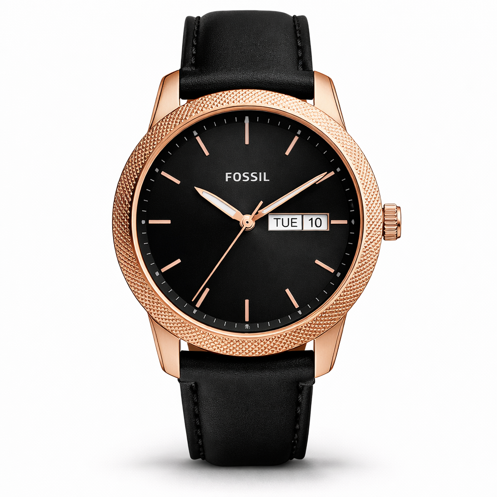 Fossil Minimal Black Dial Rose Gold Case Black Leather Strap