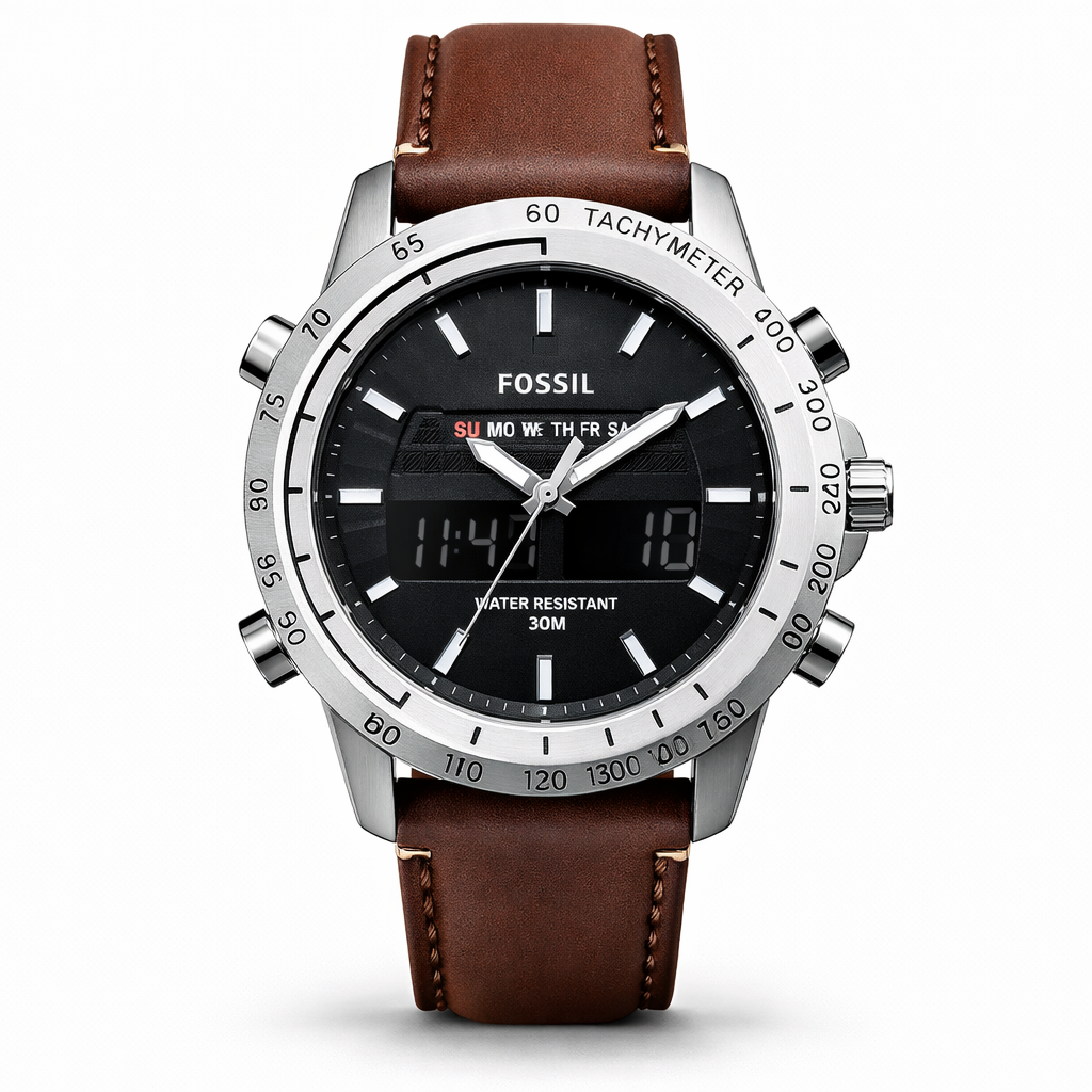 Fossil Hybrid Digital Black Dial Silver Case Brown Leather Strap