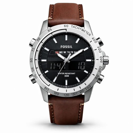 Fossil Hybrid Digital Black Dial Silver Case Brown Leather Strap