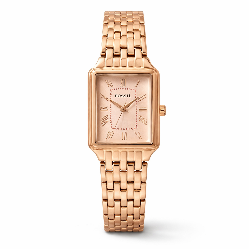 Fossil Rectangular Rose Gold Dial Rose Gold Stainless Steel Bracelet