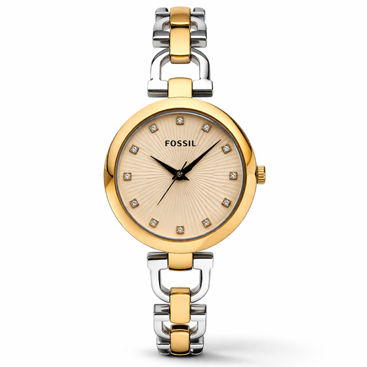 Fossil Elegant Crystal Dial Gold Case Two-Tone Bracelet