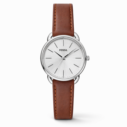 Fossil Minimal Silver Sunray Dial Silver Case Brown Leather Strap