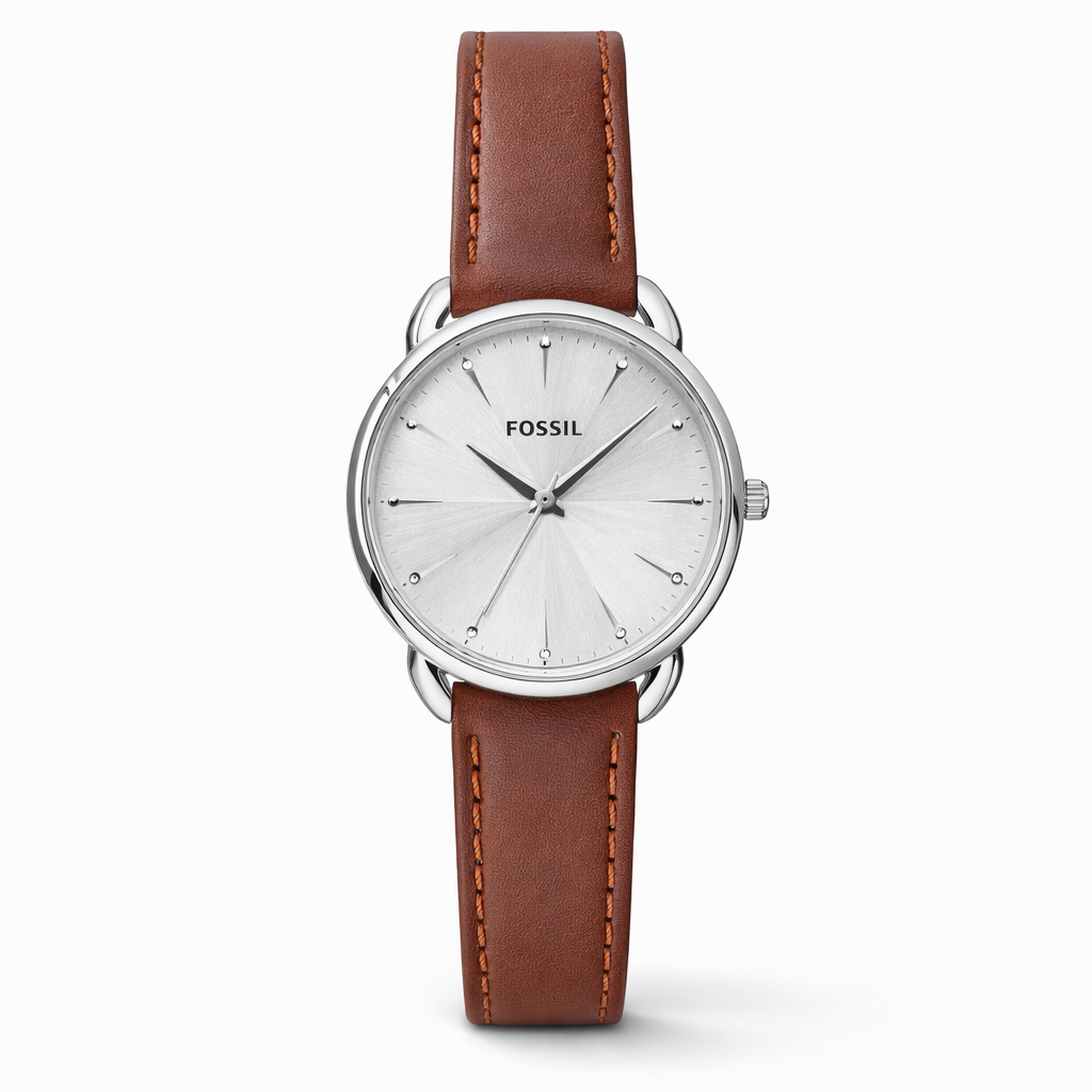 Fossil Minimal Crystal Silver Dial Silver Case Brown Leather Strap