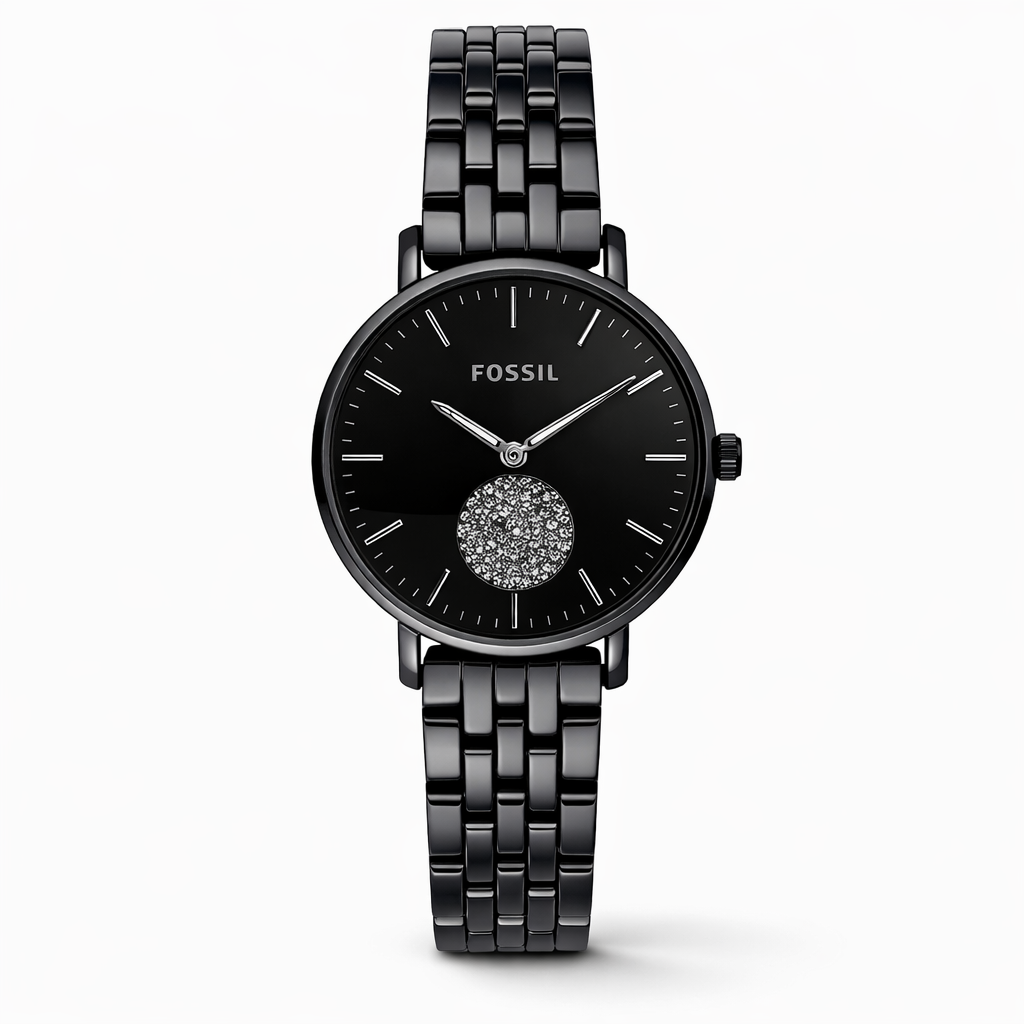 Fossil Minimal Black Dial Crystal Accent Black Stainless Steel Bracelet