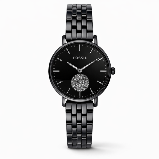 Fossil Minimal Black Dial Crystal Accent Black Stainless Steel Bracelet