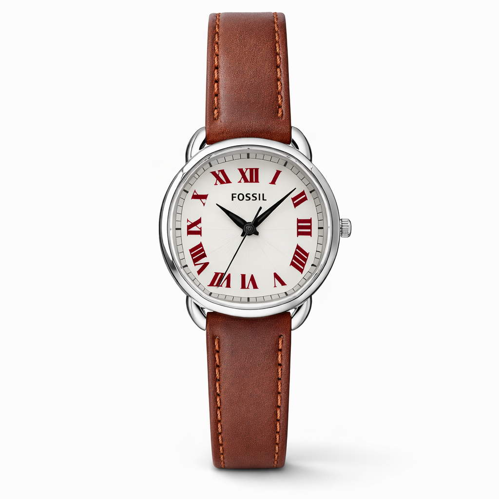Fossil Classic Roman Dial Silver Case Brown Leather Strap