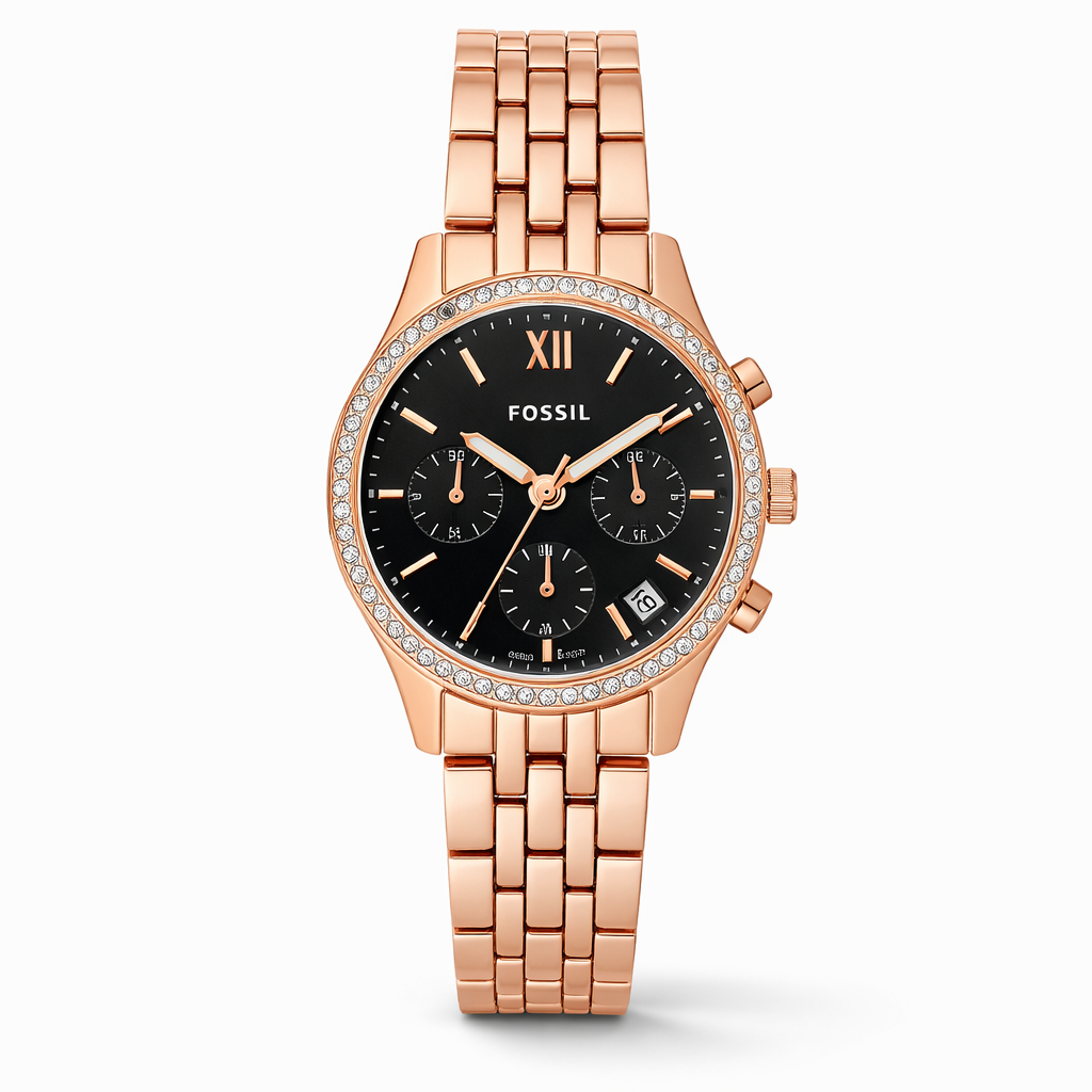 Fossil Chronograph Crystal Bezel Black Dial Rose Gold Stainless Steel Bracelet