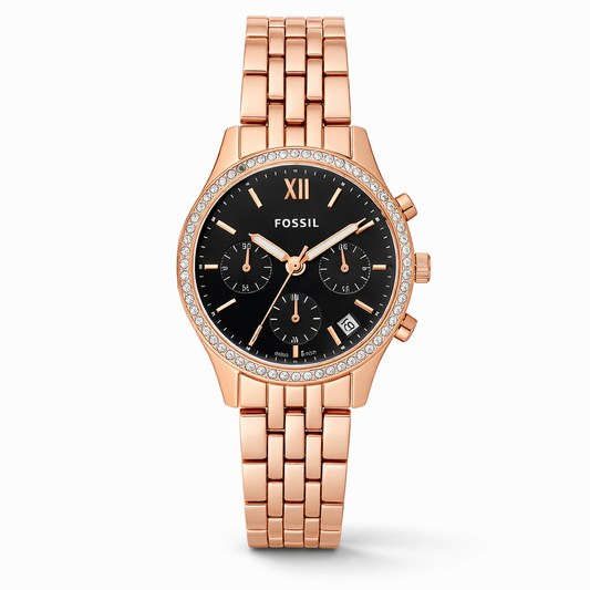 Fossil Chronograph Crystal Bezel Black Dial Rose Gold Stainless Steel Bracelet