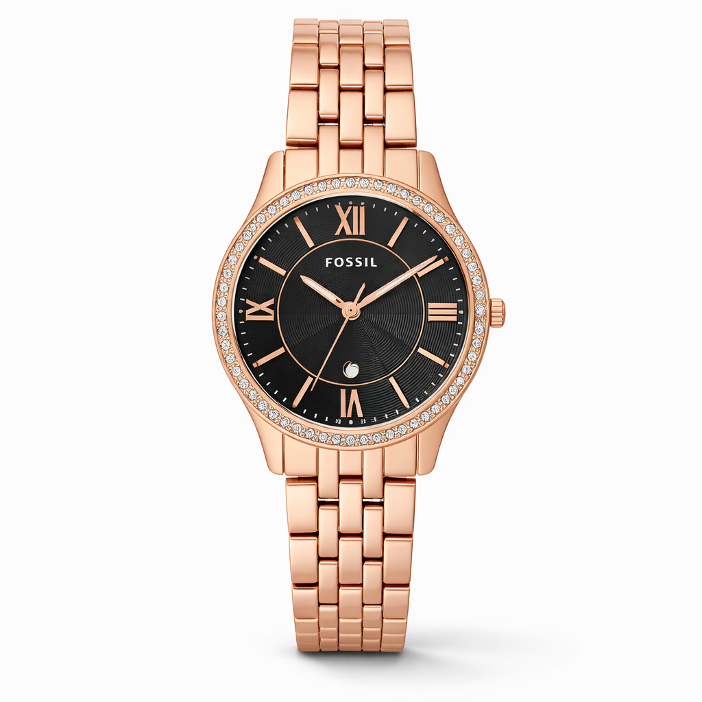 Fossil Crystal Bezel Black Dial Rose Gold Stainless Steel Bracelet