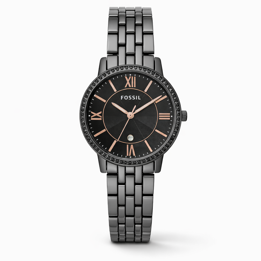 Fossil Crystal Bezel Black Dial Gunmetal Stainless Steel Bracelet