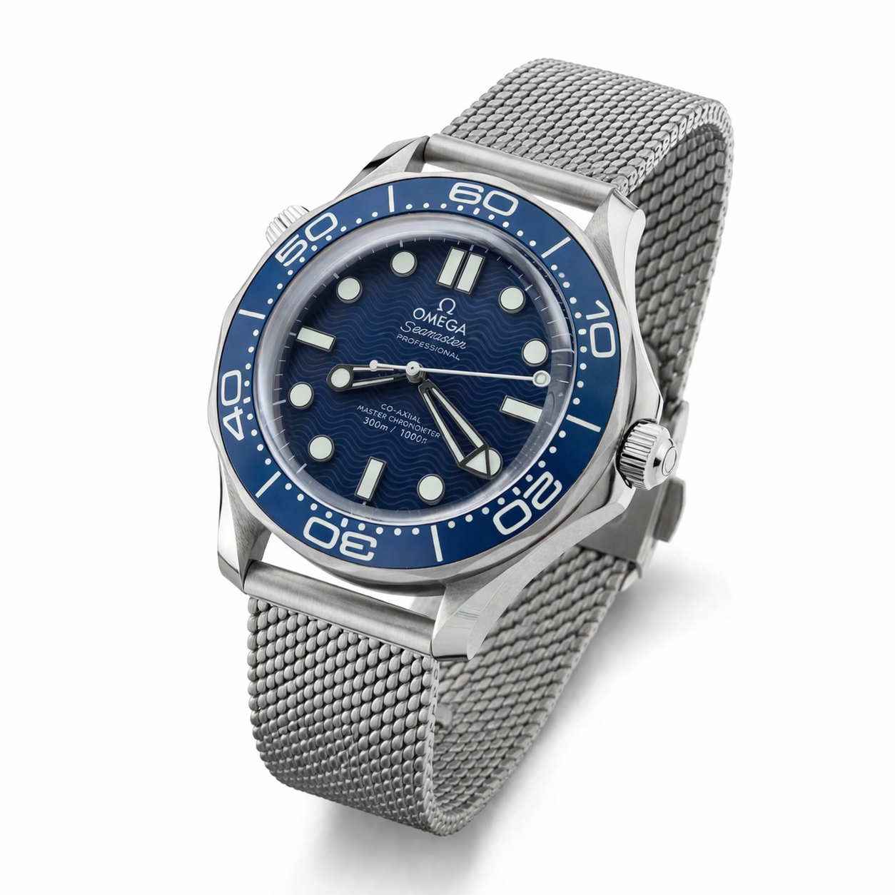 Omega Seamaster Diver 300M Style Silver Case Blue Dial Mesh Bracelet