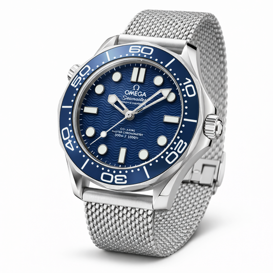 Omega Seamaster Diver 300M Style Silver Case Blue Dial Mesh Bracelet
