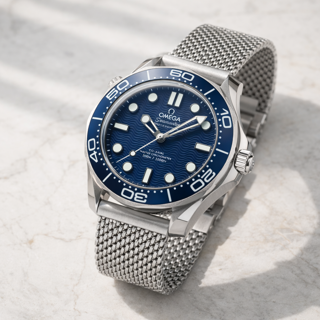 Omega Seamaster Diver 300M Style Silver Case Blue Dial Mesh Bracelet