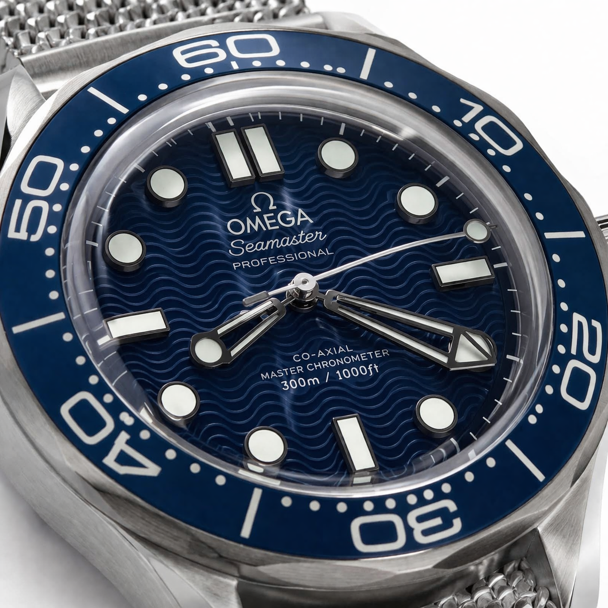 Omega Seamaster Diver 300M Style Silver Case Blue Dial Mesh Bracelet