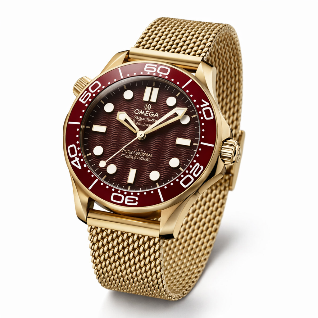 Omega Seamaster Diver Burgundy Dial Gold Mesh Strap