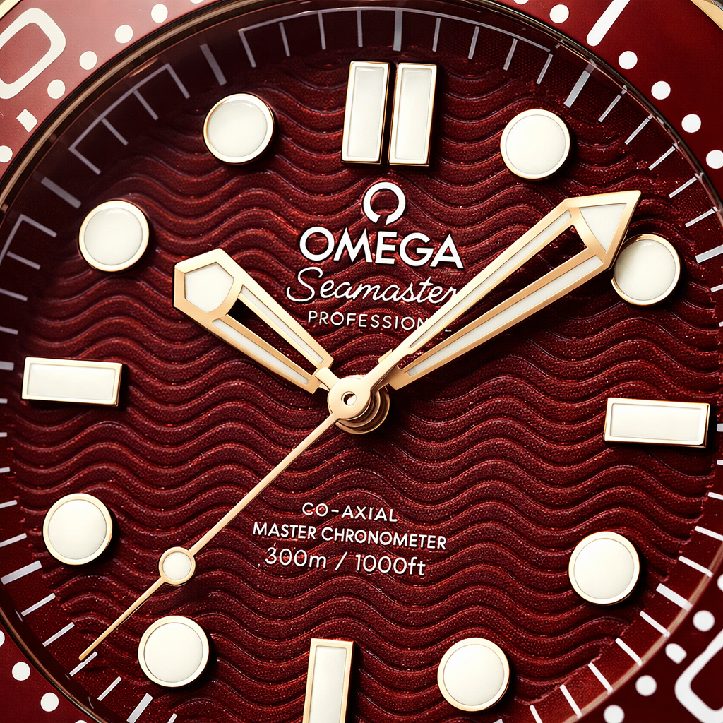 Omega Seamaster Diver Burgundy Dial Gold Mesh Strap