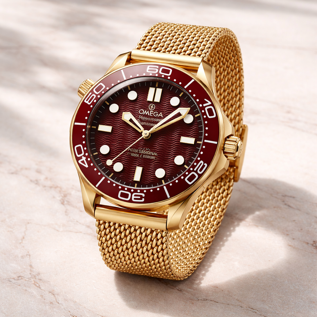 Omega Seamaster Diver Burgundy Dial Gold Mesh Strap