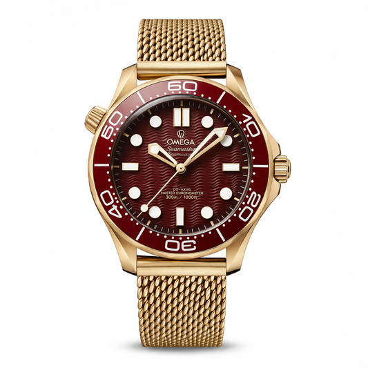 Omega Seamaster Diver Burgundy Dial Gold Mesh Strap