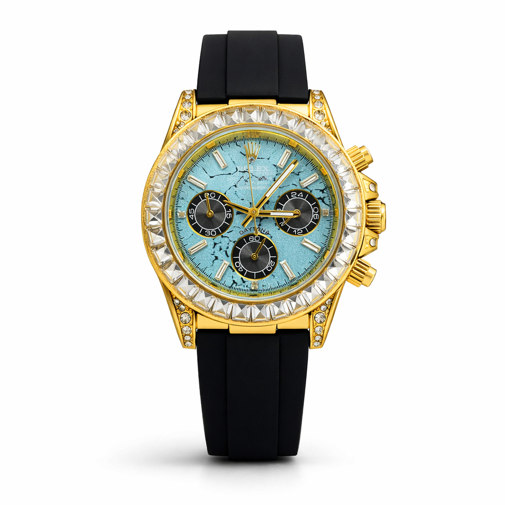 Aurum Chrono Ice Blue Gold Case Rubber Strap Watch