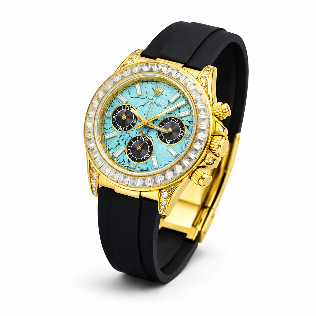Aurum Chrono Ice Blue Gold Case Rubber Strap Watch