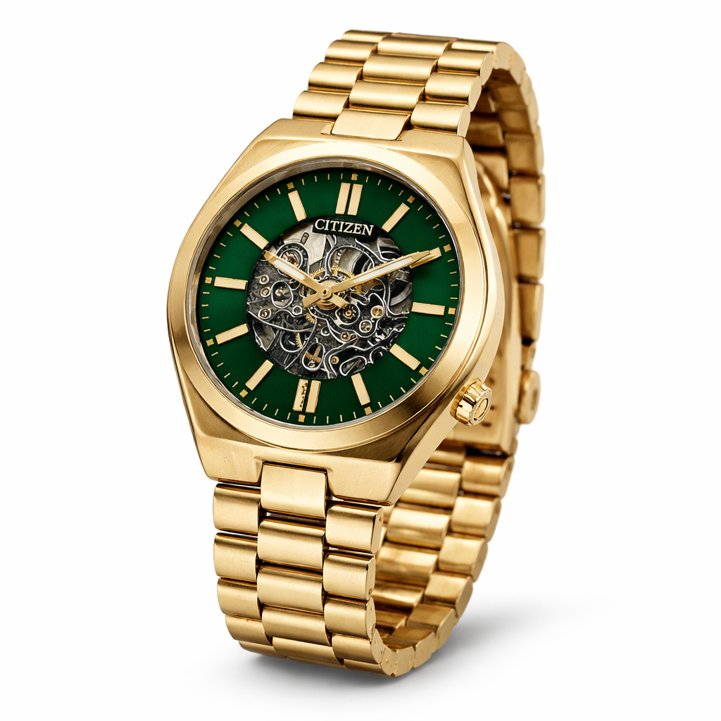 Citizen Open-Heart Automatic Gold Case Emerald Dial Steel Bracelet